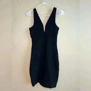 TOPSHOP Bodycon stretchy fitted Little Black Dress V neckline black beads 4 sexy